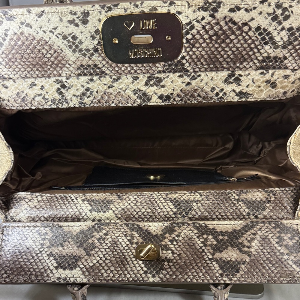 Love Moschino Brown and Cream Wool Snake Doctor Kelly Tote Satchel Bag - Picture 3 of 16